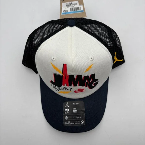 Nike Jordan Rise Cap Trucker Hat White Black Navy Mesh M L "Jammin Frequency" - Picture 6 of 10